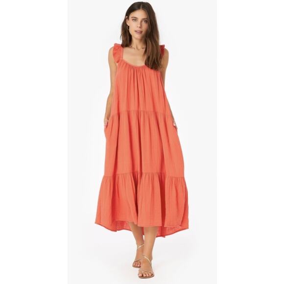 Xirena Rumer Scoop Neck Flutter Sleeve Gauze Tiered Midi Dress in Paprika - Picture 5 of 14
